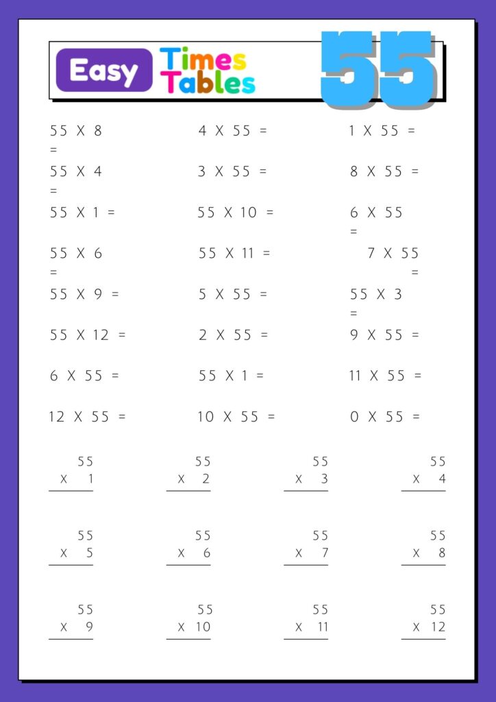 Images with printable exercises of multiplication table 55